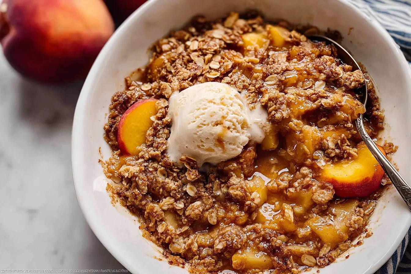 Peach Crisp Bliss: A Delicious Summer Dessert Recipe 1 Freshly Baked Peach Crisp Ready to Serve