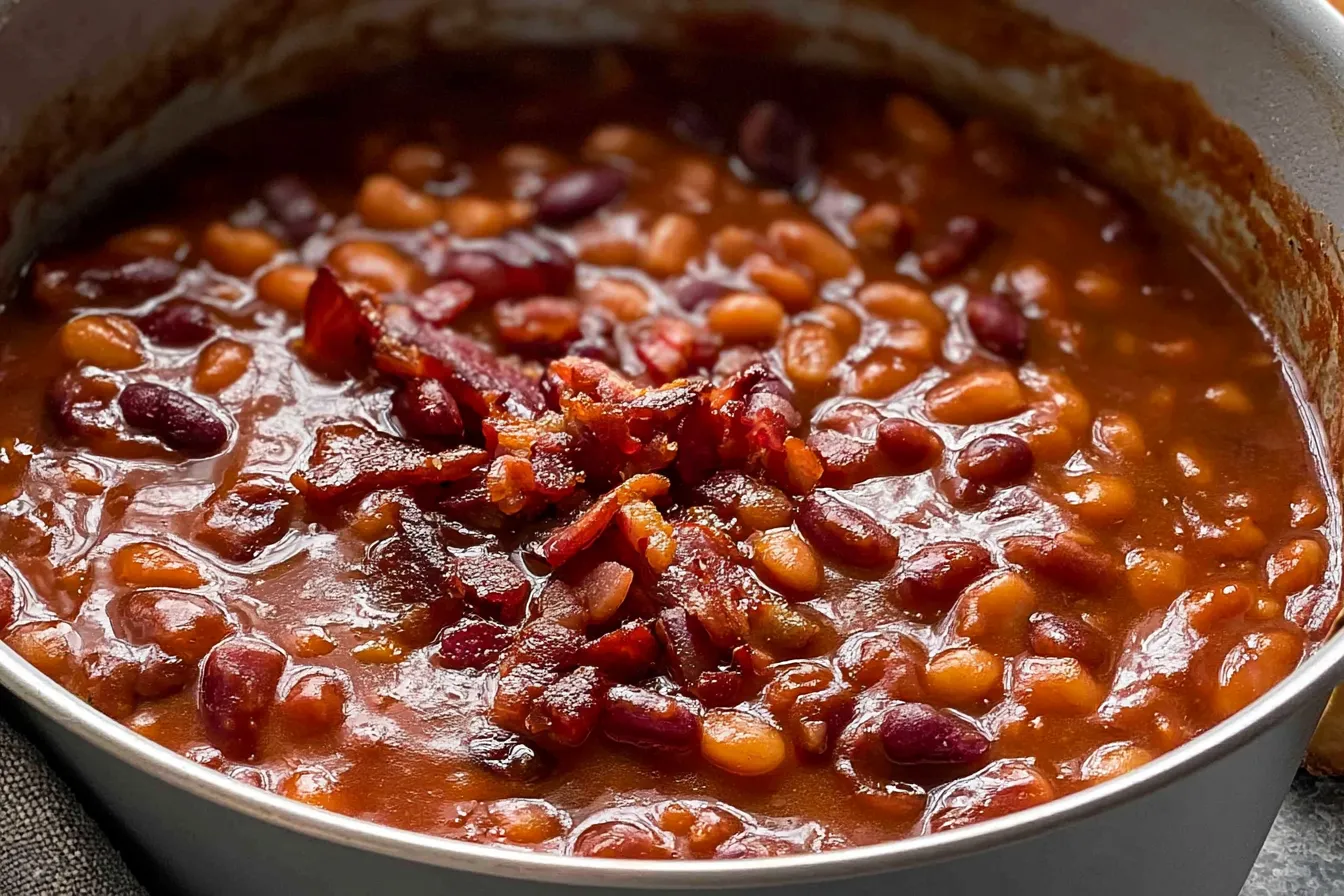 Baked Beans with Bacon on a Rustic Table