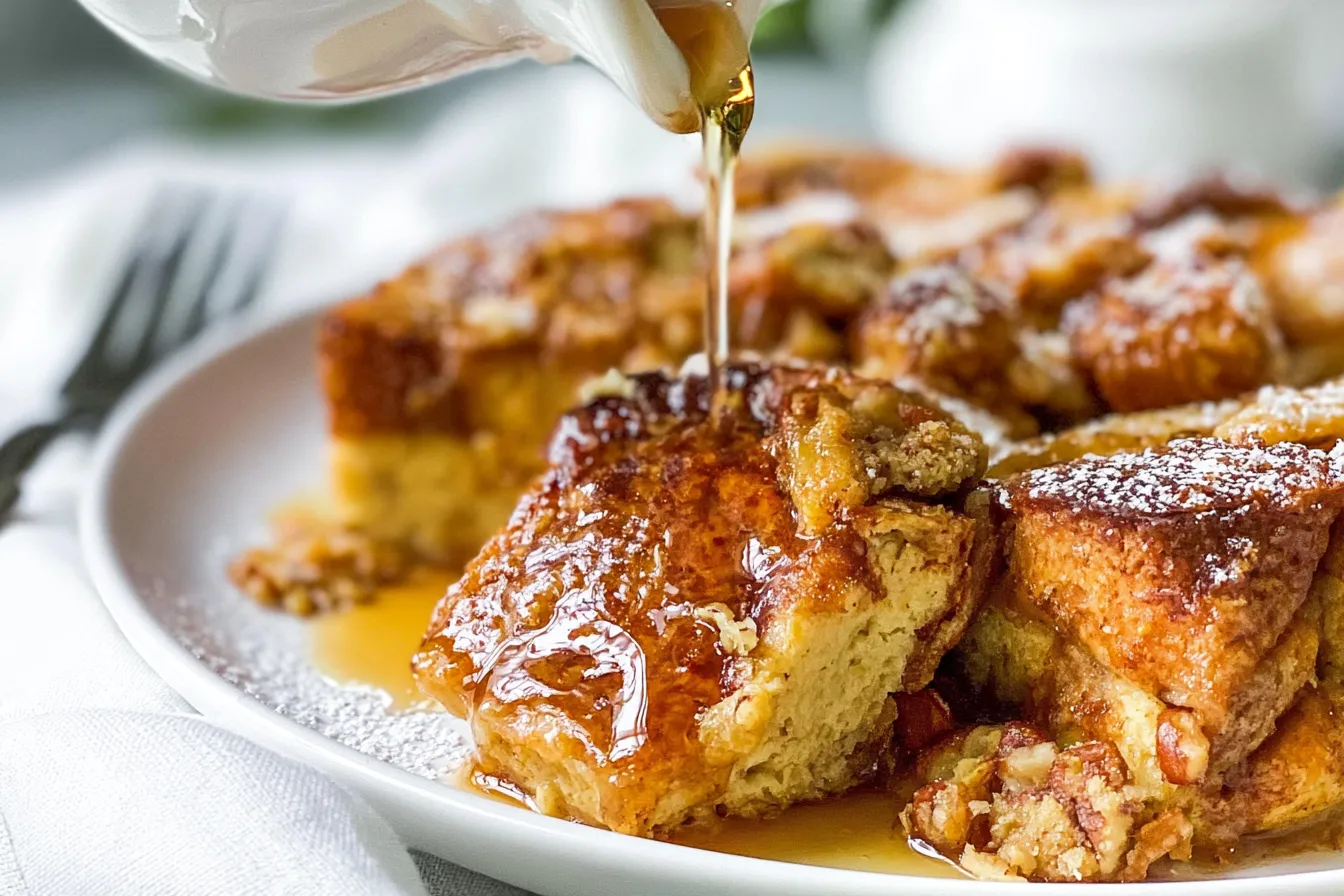 French Toast Casserole Served with Maple Syrup