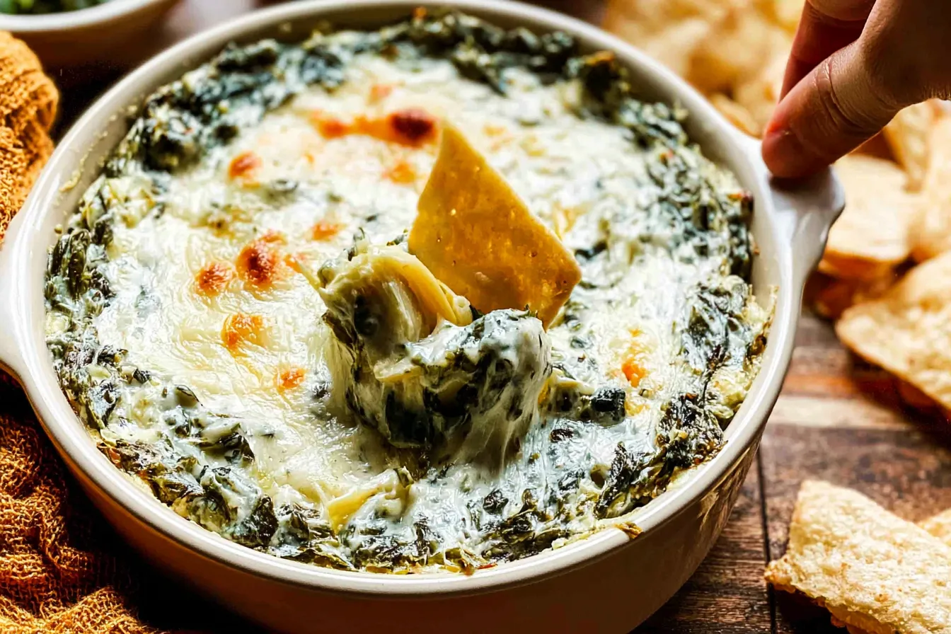 Spinach Artichoke Dip: Your New Favorite Party Pleaser! Delicious Spinach Artichoke Dip Served with Tortilla Chips