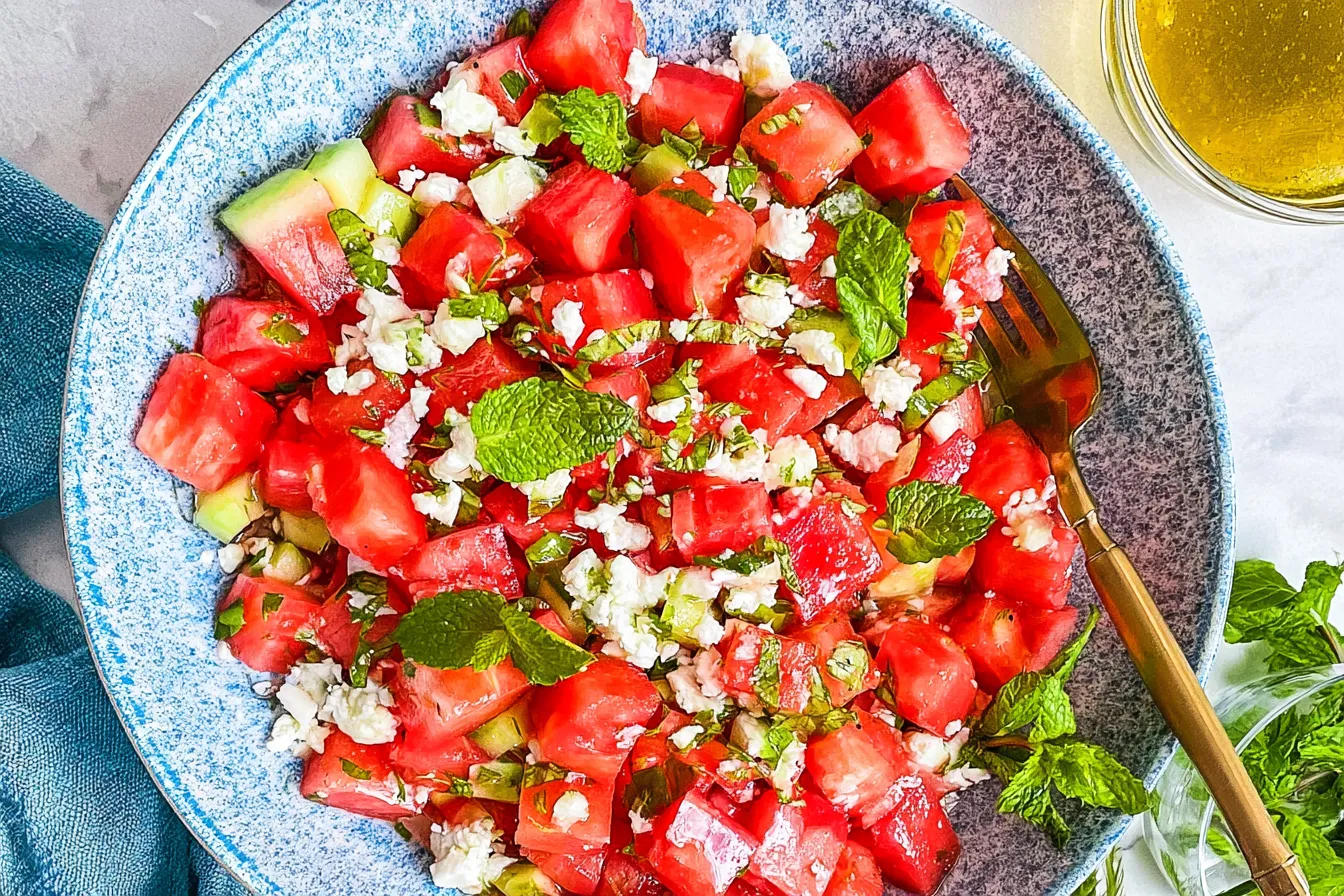 Delicious Watermelon Feta Mint Salad on a Plate