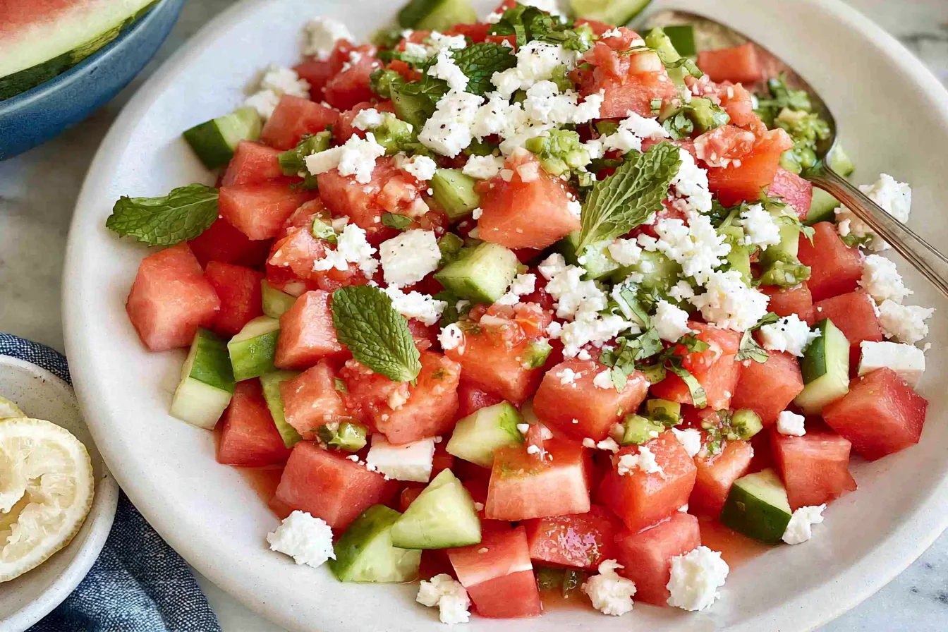 Fresh Watermelon Feta Salad on a Plate