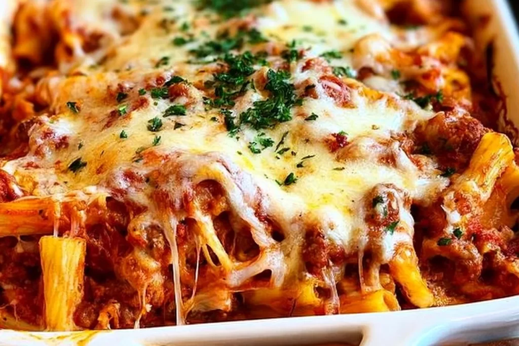 Baked Ziti with Sausage Freshly Baked in a Casserole Dish