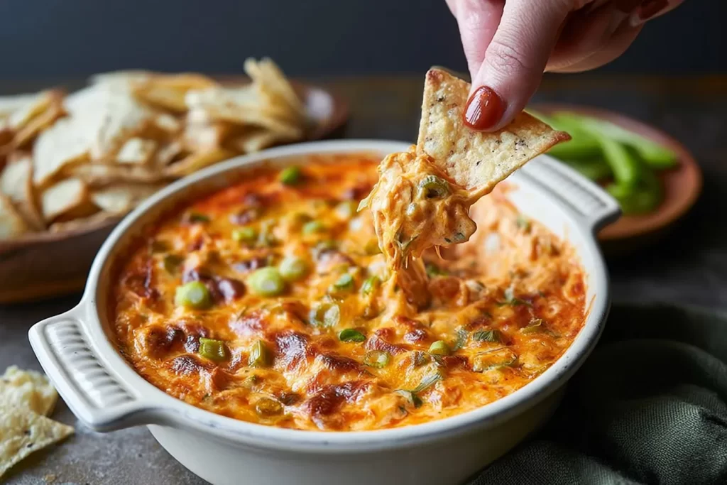 Buffalo Chicken Dip Served in a Bowl with Tortilla Chips