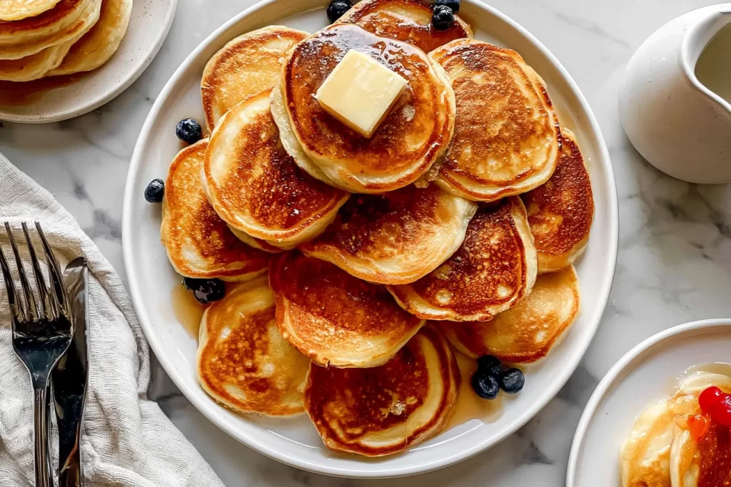 Buttermilk Pancakes Stacked High with Maple Syrup
