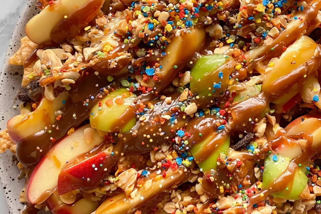 Caramel Apple Nachos Drizzled with Rich Caramel Sauce