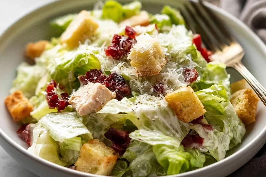 Chicken Caesar Salad in a Bowl with Croutons