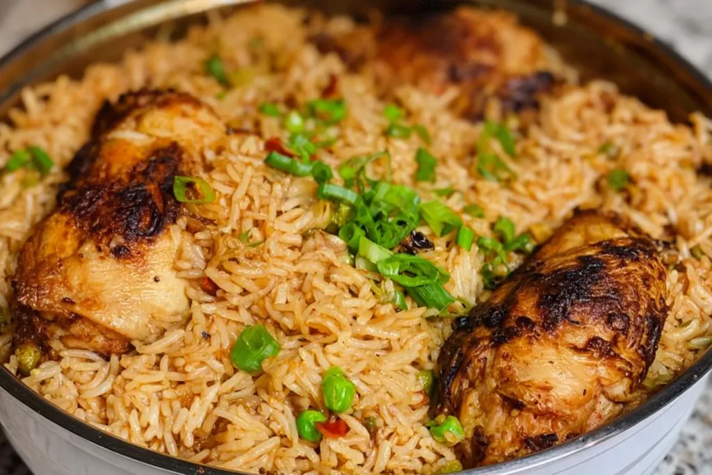 One Pot Chicken and Rice Served in a Cast Iron Skillet