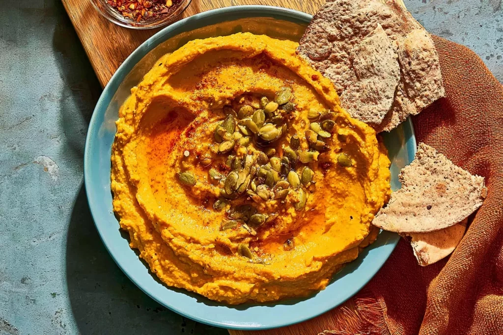 Creamy Pumpkin Hummus in a Bowl with Fresh Veggies