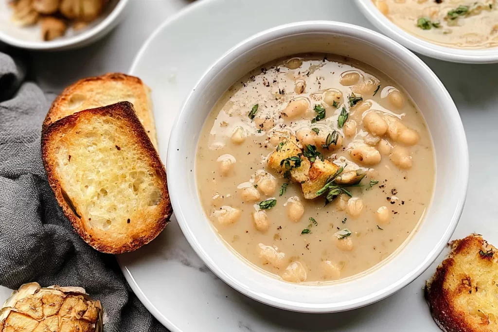 Delicious Roasted Garlic White Bean Soup in a Bowl