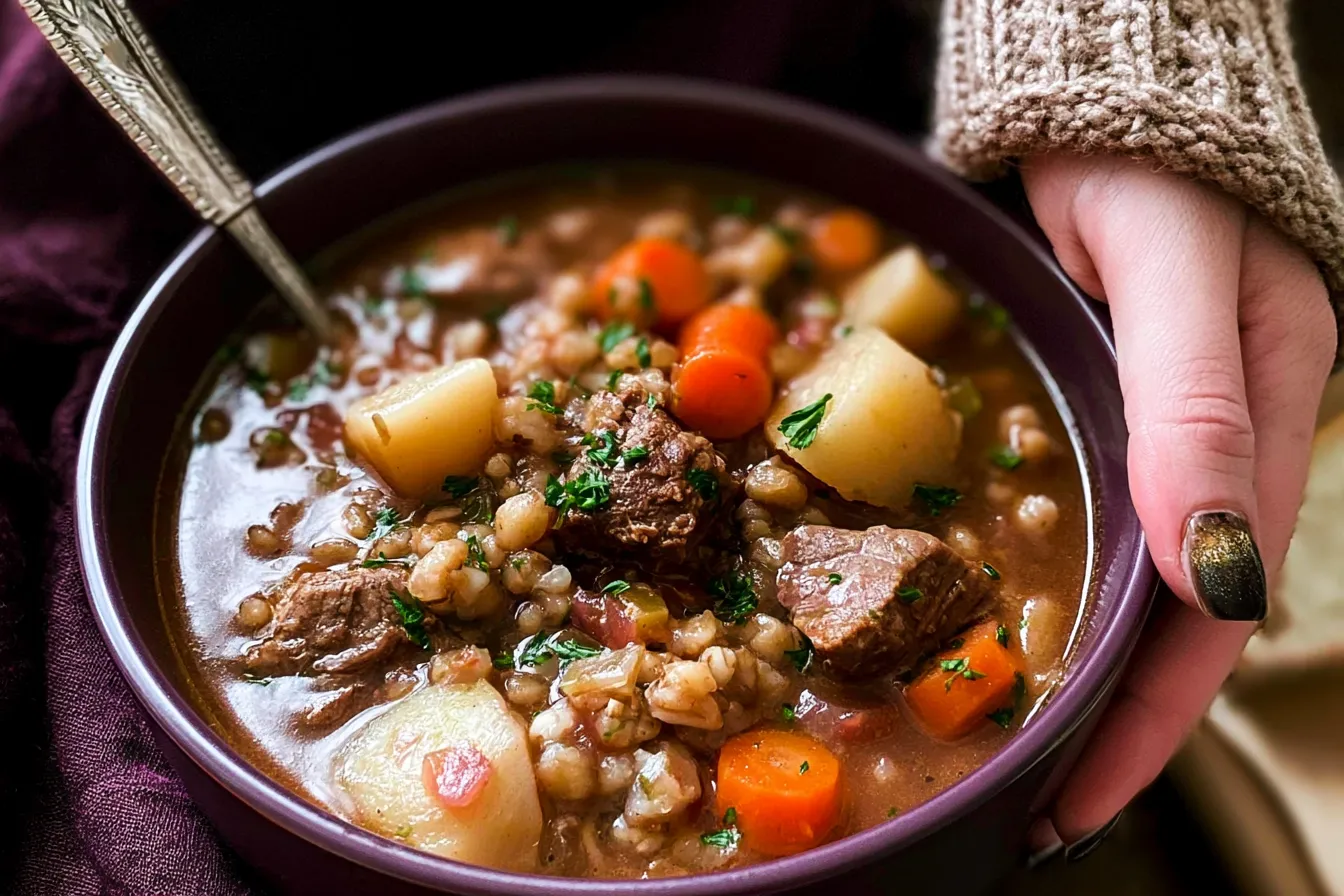 Slow Cooker Beef and Barley Soup: A Heartwarming Delight Slow Cooker Beef and Barley Soup in a Rustic Bowl