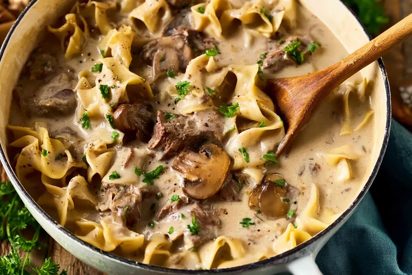 Delicious Slow Cooker Beef Stroganoff on a Plate